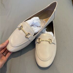 Women's Neutral Cream Slip-On Loafers with Gold Hardware